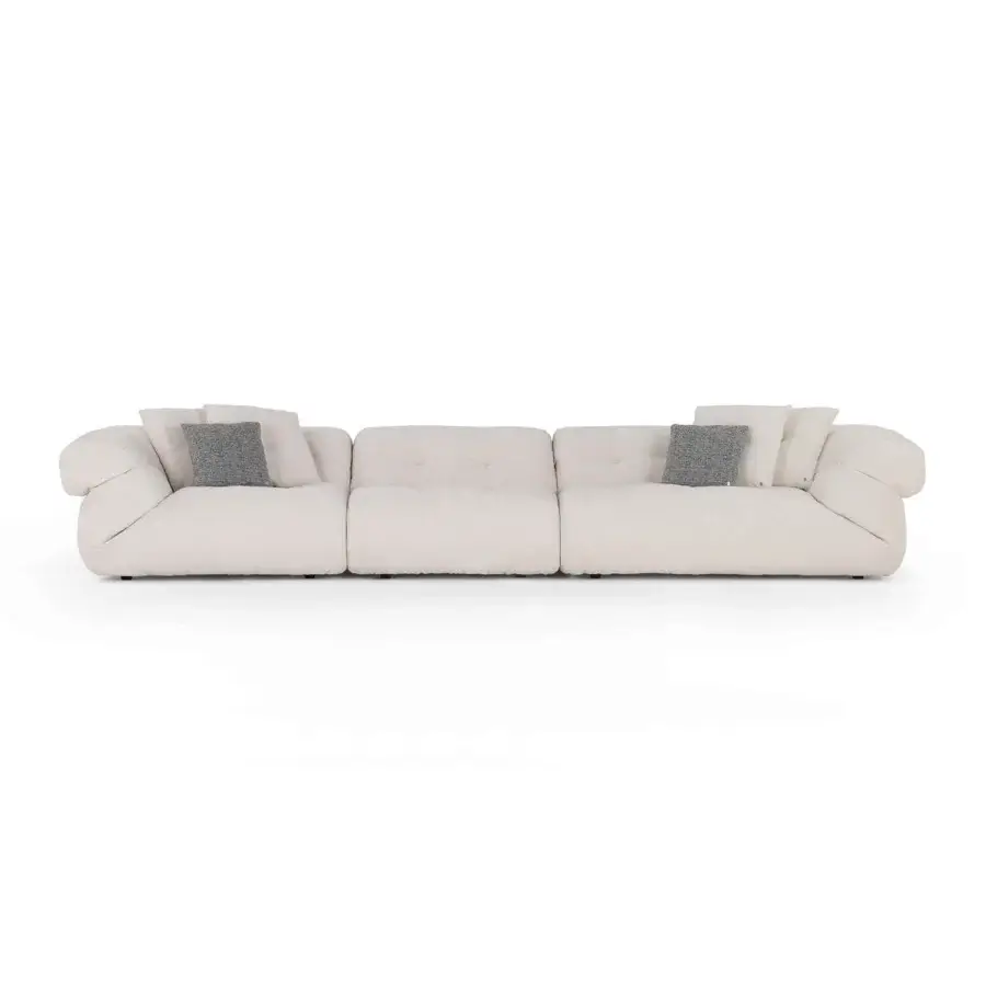 Exceptional Visionnaire Walker sofa upholstered in pale cream bouclé-style fabric with a thick goose down quilt