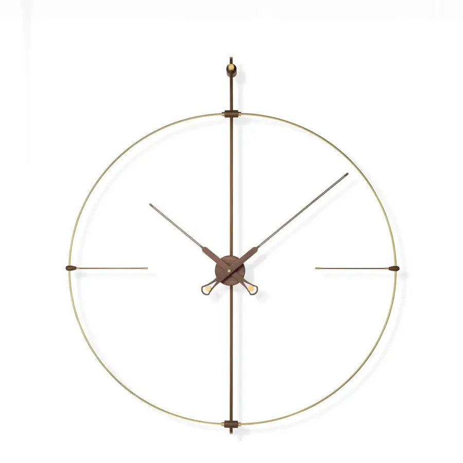 Elegant Nomon Bilbao Premium wall clock with a brass fiberglass ring and dark brownish-bronze central components crafted with wooden hands