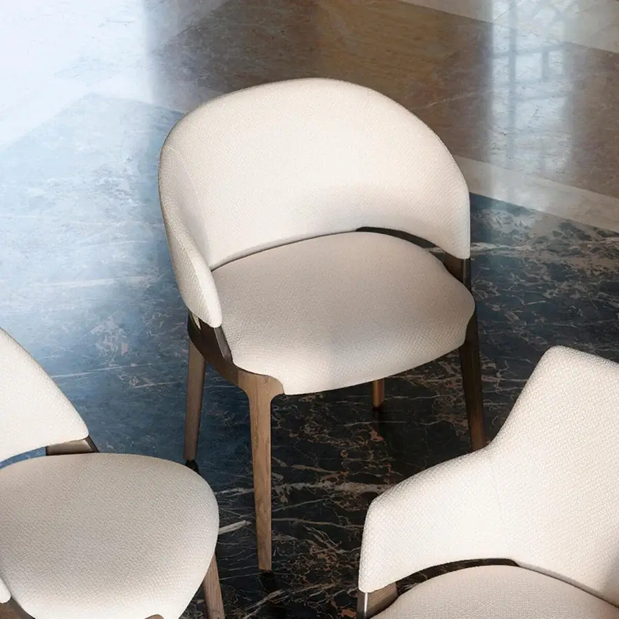 Exceptional Potocco Velis Hug armchair upholstered in subtly patterned textile with satin wood finish