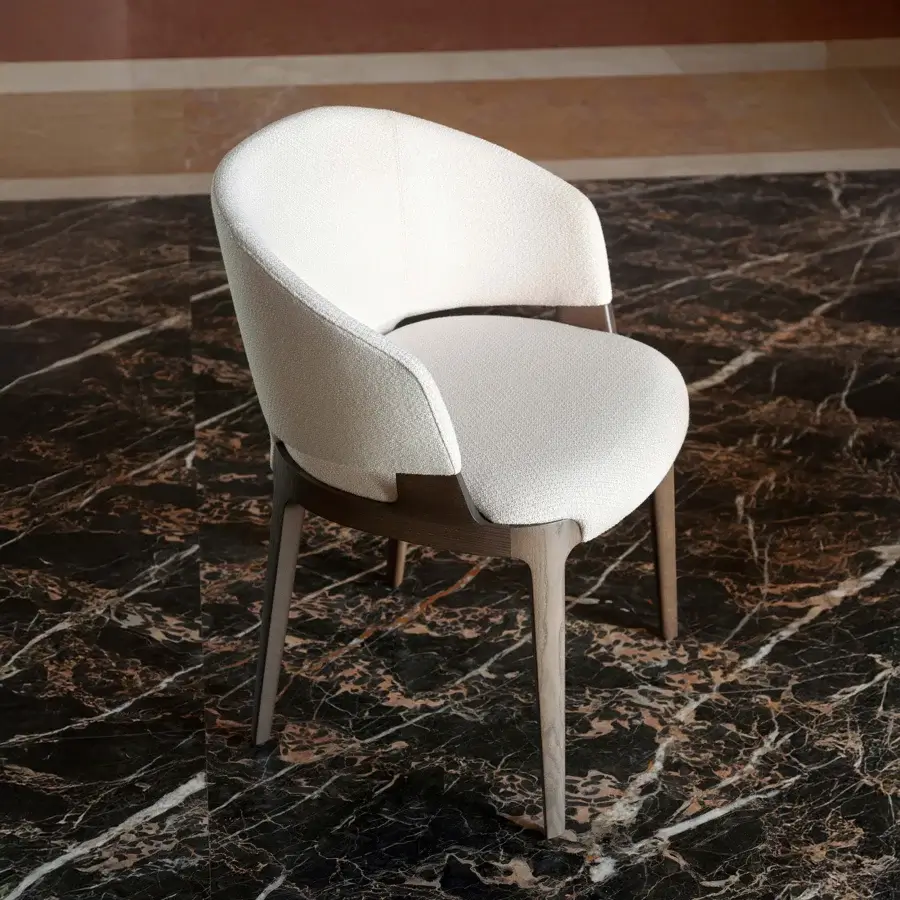 Superior Potocco Velis Hug armchair upholstered in creamy textured textile with a satin wood frame