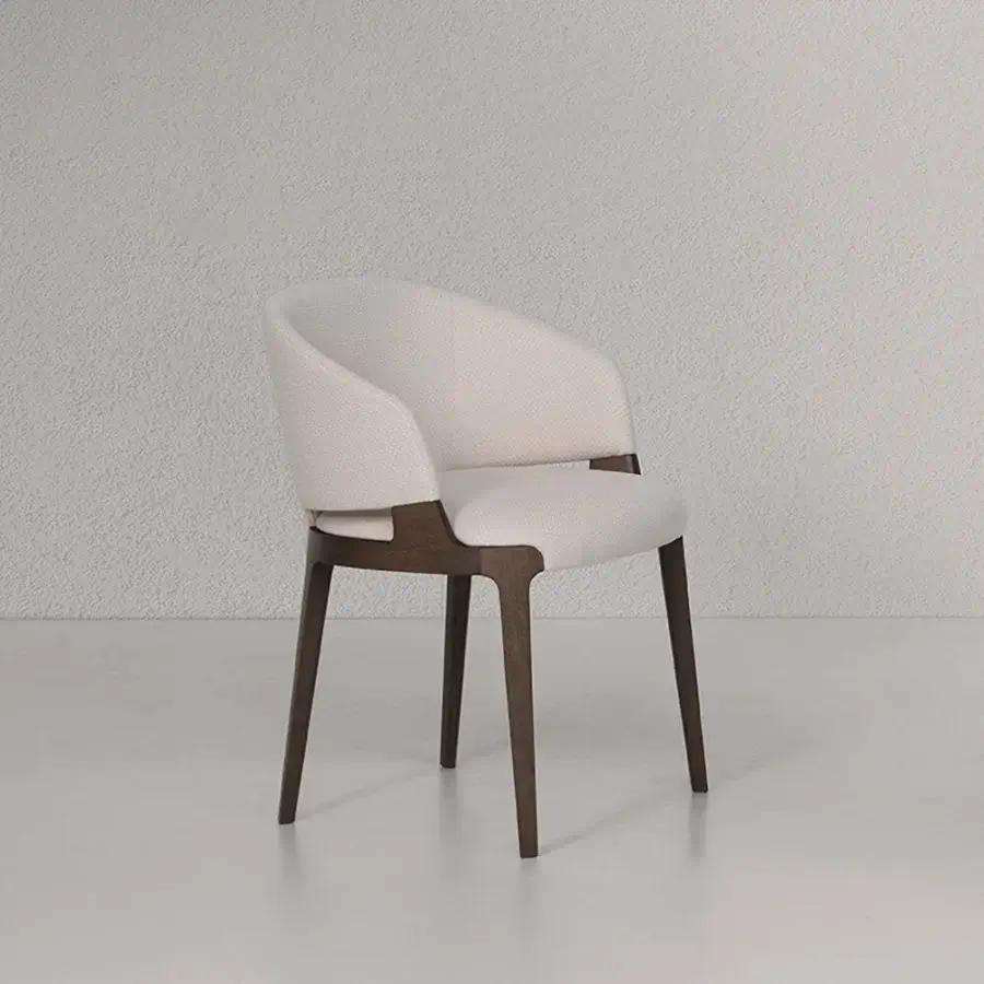 Elegant Potocco Velis Hug armchair upholstered in textured light beige textile with a satin-finish wood frame
