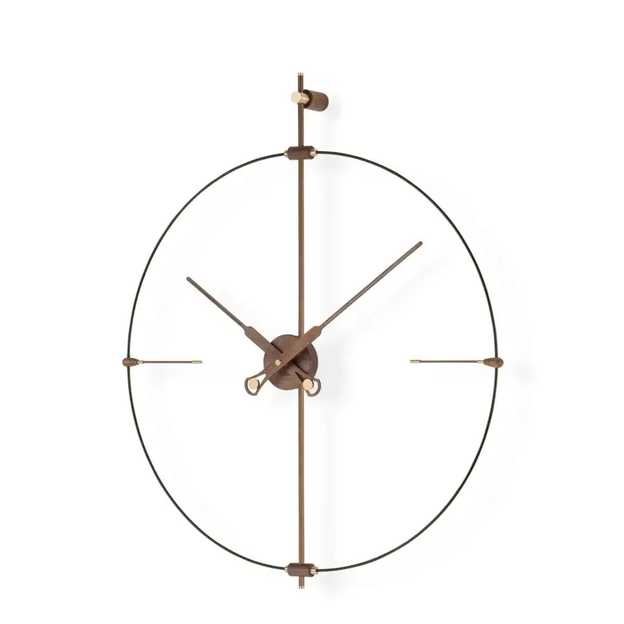 Exceptional Nomon Mini Bilbao Premium wall clock crafted with wood and a fiberglass ring in bronze and walnut tones