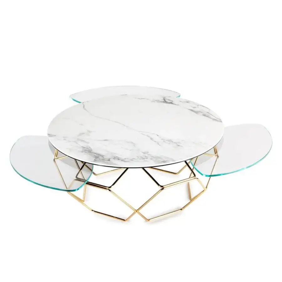 Distinguished Naos Hive coffee table with a ceramic and glass tabletop supported by gold-toned galvanized steel base crafted in Italy