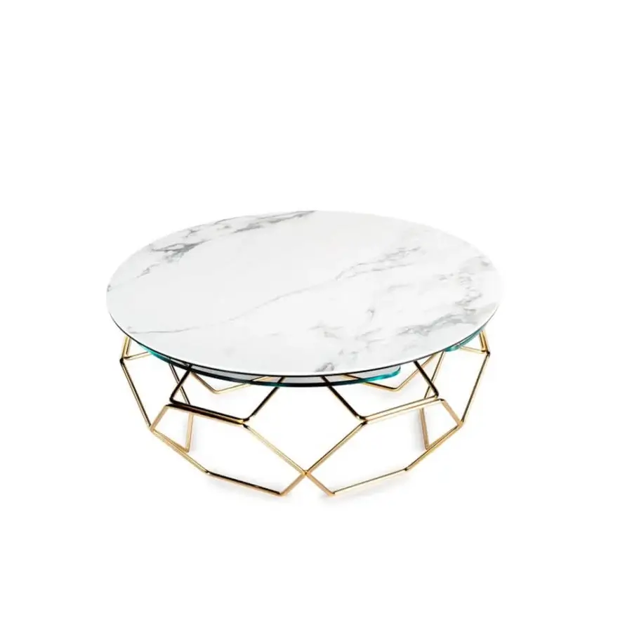 Elegant Naos Hive coffee table with a white marbled ceramic and glass top plus a golden-toned galvanized steel base crafted for extension