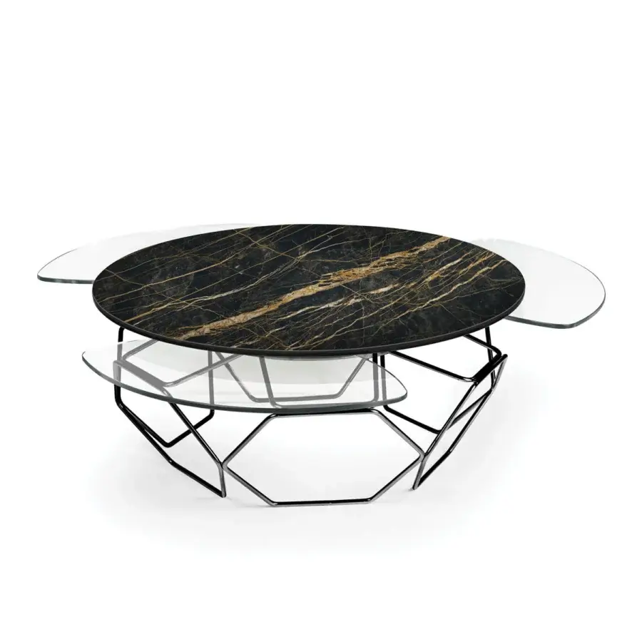Distinguished Naos Hive coffee table with ceramic and glass top exhibiting golden veining in a matte black painted steel base