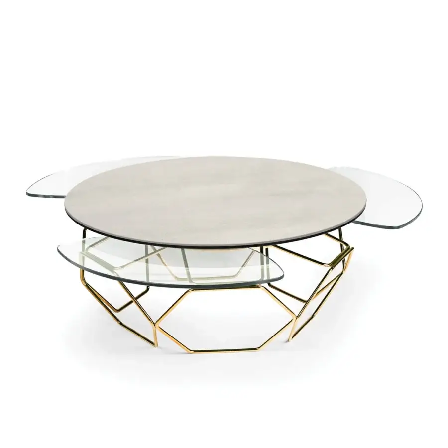 Superior Naos Hive coffee table with ceramic and glass tabletop exhibiting a light grey matte finish and golden-toned painted steel base