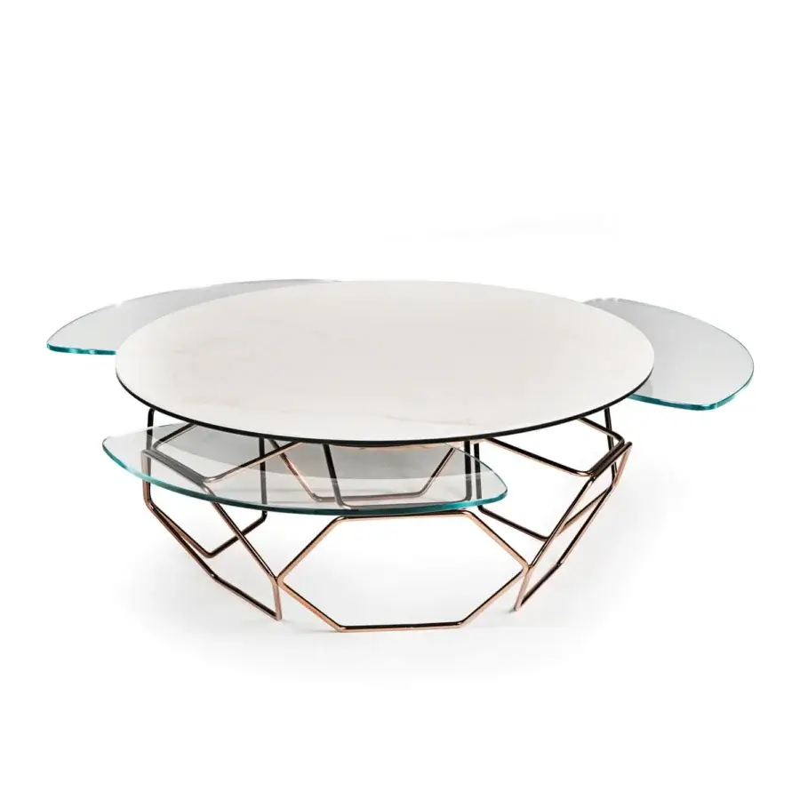 Exceptional Naos Hive coffee table with ceramic and glass tops crafted in rose-gold painted steel exhibiting a polished finish