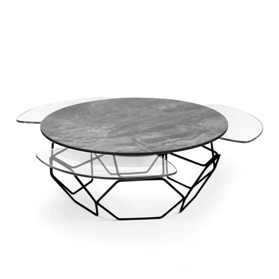 Elegant Naos Hive coffee table with mottled grey stone effect ceramic and glass top built with matte black painted steel base