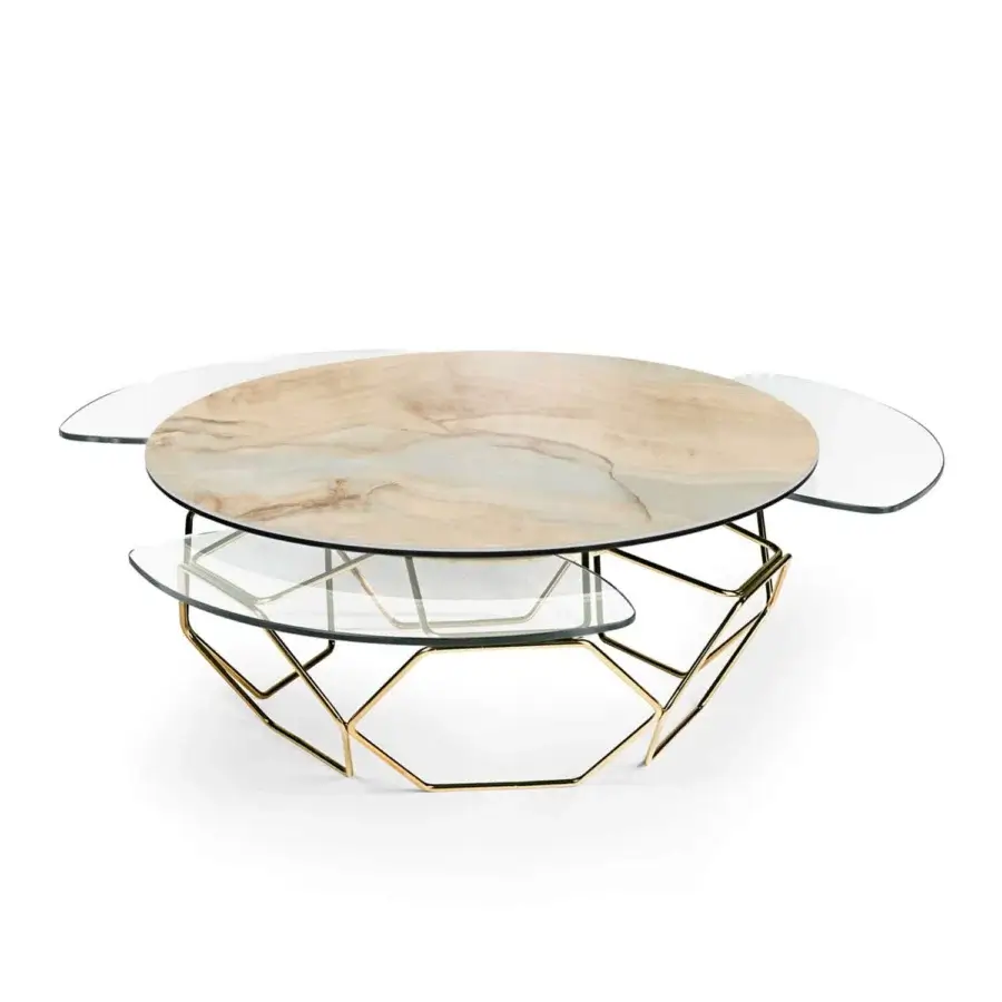 Distinguished Naos Hive coffee table with rotating ceramic and glass surfaces in beige and pale green marbled tones with golden painted steel