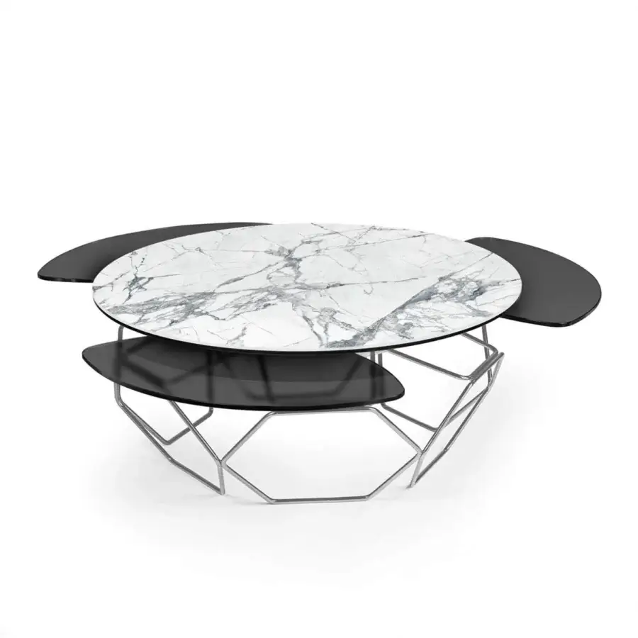 Exceptional Naos Hive coffee table with ceramic and glass top exhibiting white and gray veining plus glossy black extendable surfaces