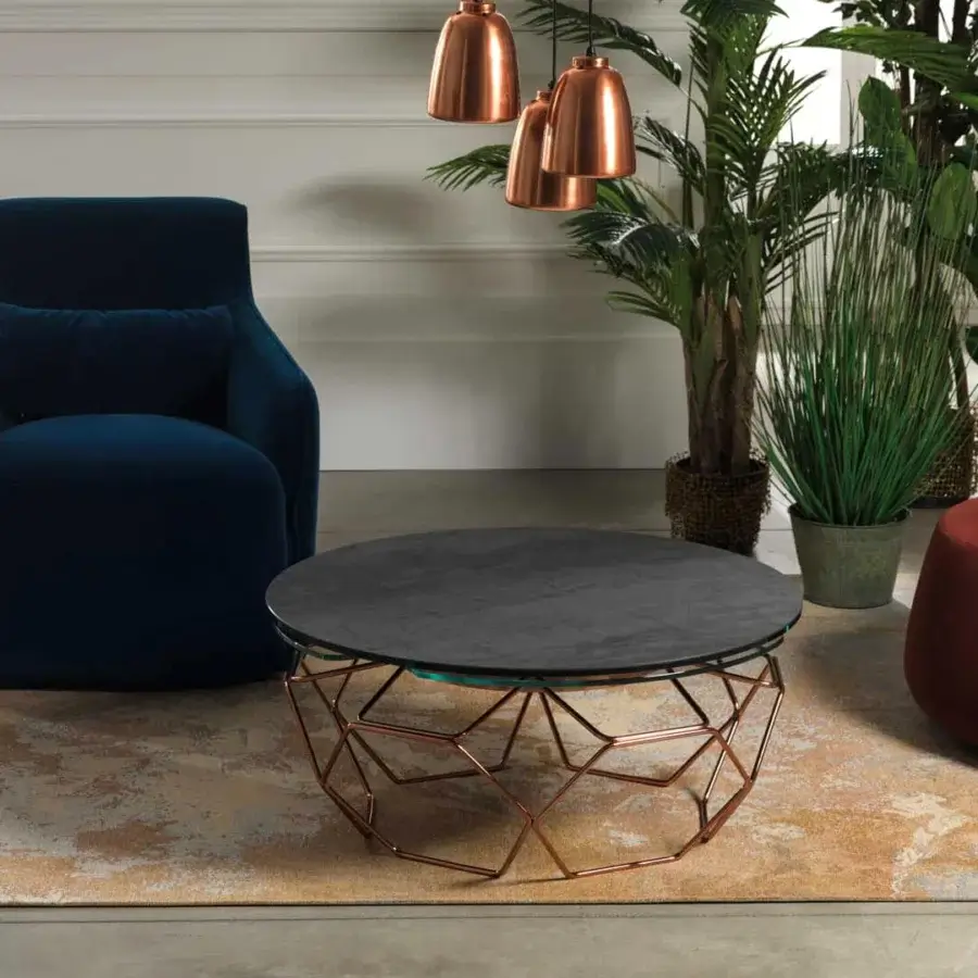Distinguished Naos Hive coffee table with ceramic and glass tops plus geometric copper-toned galvanized steel base and satin sheen
