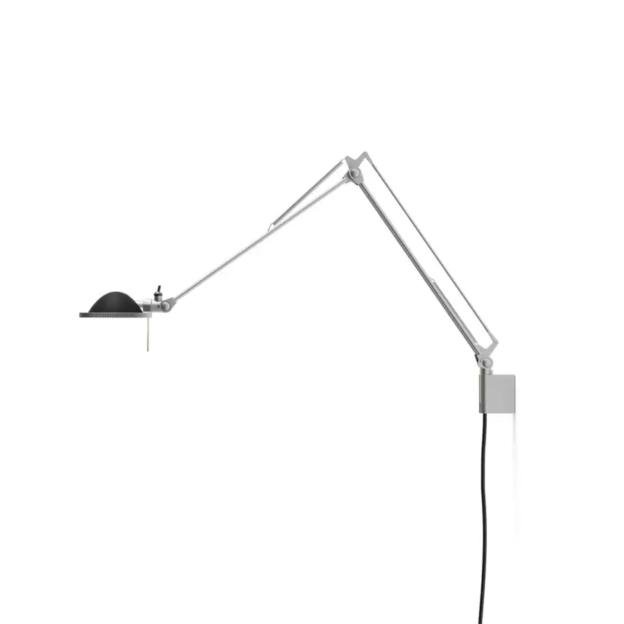 Refined Luceplan Berenice wall lamp built in neutral gray matte metal with adjustable arm and included G4 LED bulb