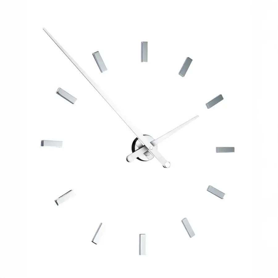 Distinguished Nomon Tacón wall clock crafted in polished metal with slender rectangular markers and elongated hands