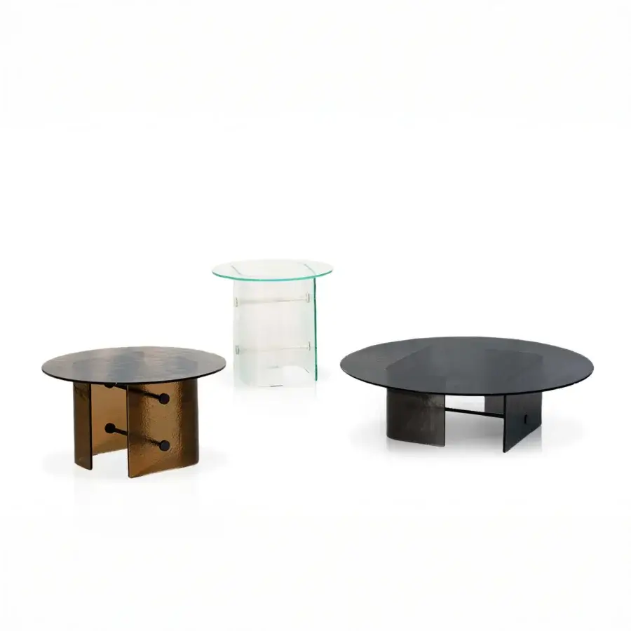 Distinguished Potocco Double L Glaze coffee table with clear tempered glass and textured bronze-toned stainless steel frame