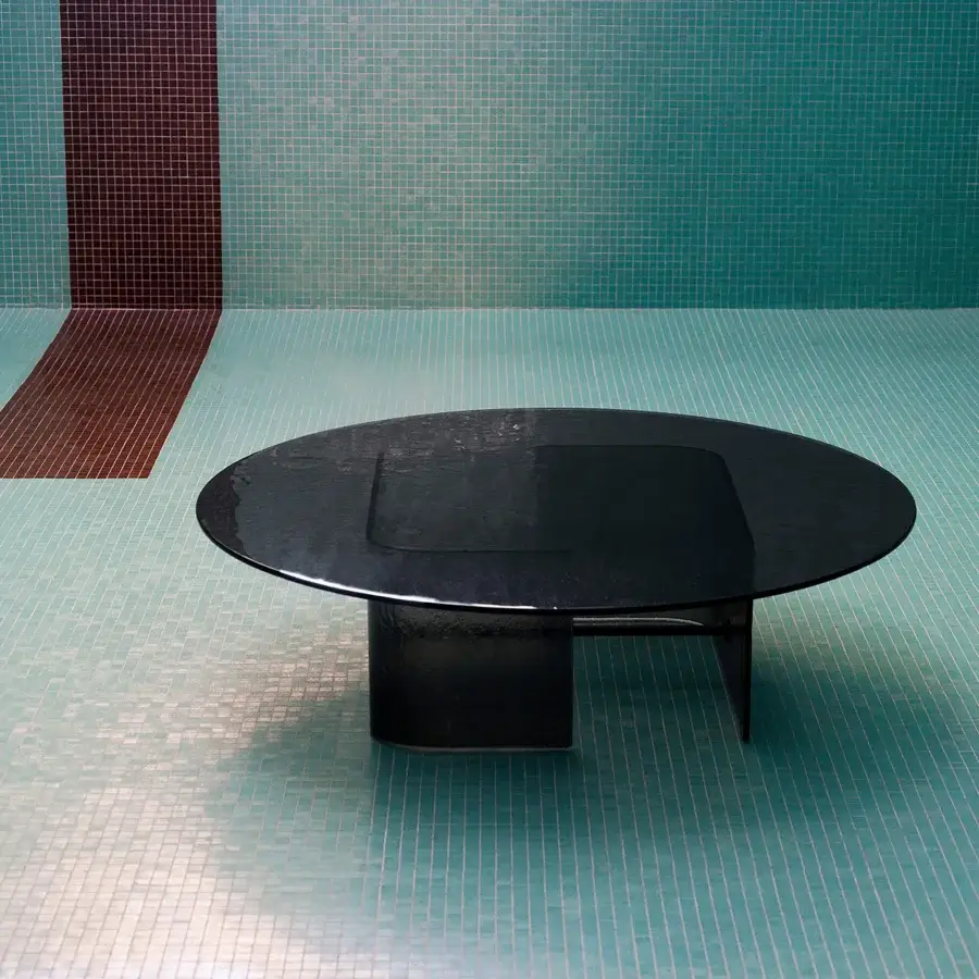 Sophisticated Potocco Double L Glaze coffee table with expansive tempered glass and fumé finished painted stainless steel base