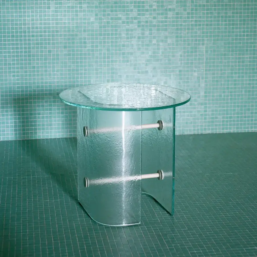 Exceptional Potocco Double L Glaze coffee table crafted with pale teal frosted tempered glass and painted stainless steel connections