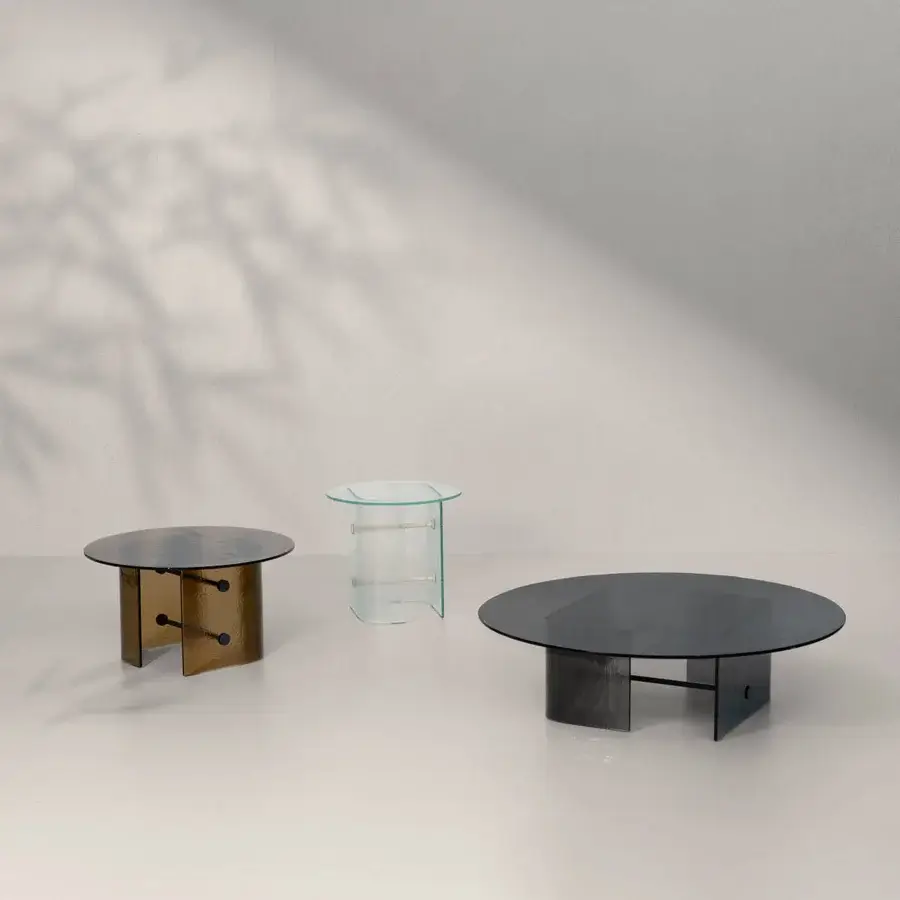 Superior Potocco Double L Glaze coffee table with dark fumé tempered glass and refined stainless steel base crafted in Italy