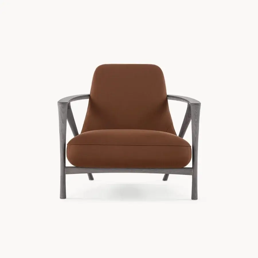 Exceptional Visionnaire Alya lounge chair crafted with sculpted solid ash wood and reddish-brown textile upholstery with a matte finish