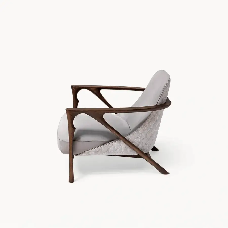 Superior Visionnaire Alya lounge chair with sculpted solid ash wood, satin finish and light gray premium textile upholstery