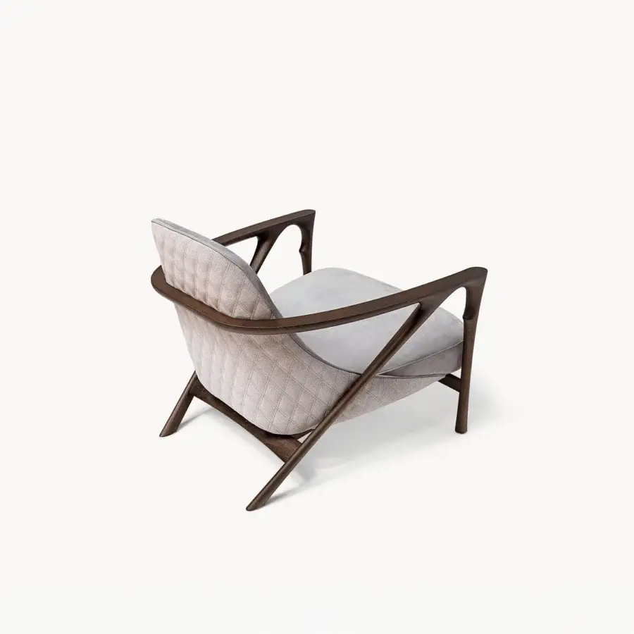 Exceptional Visionnaire Alya lounge chair crafted with sculpted solid ash wood, satin finish and light gray leather upholstery
