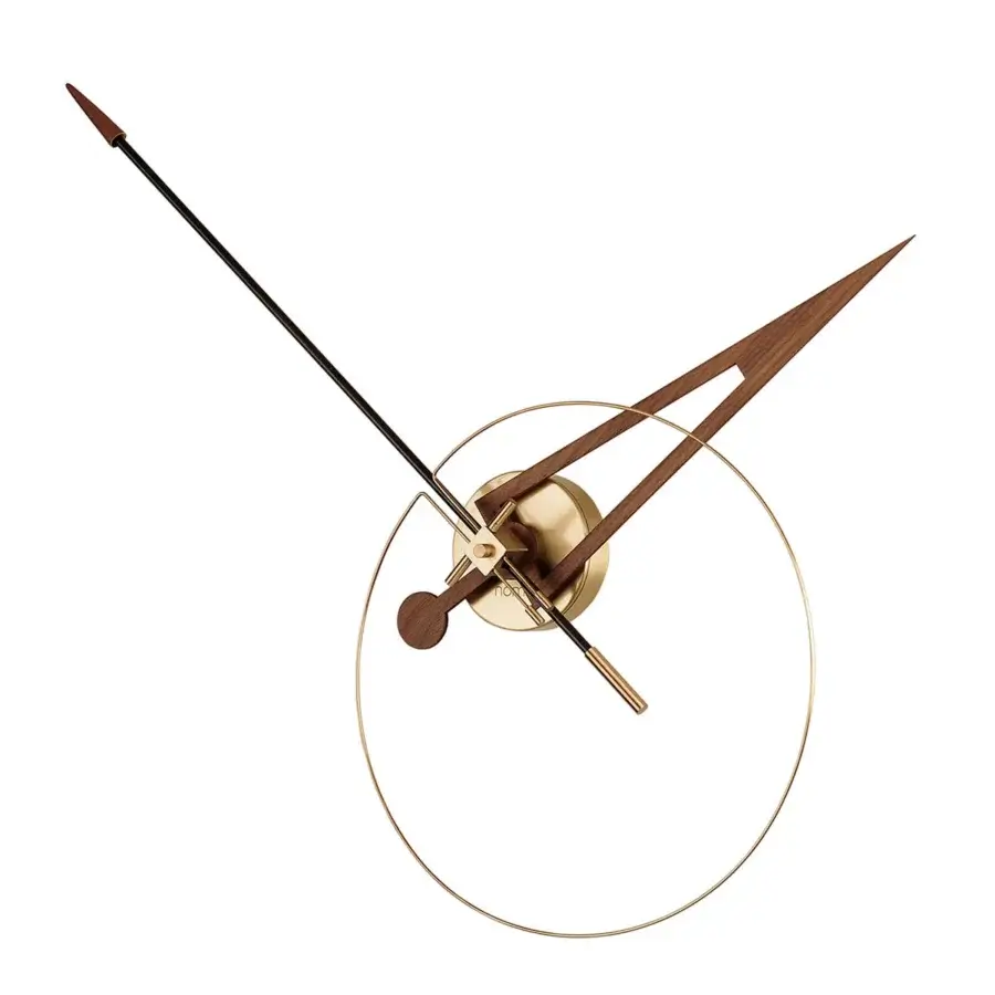 Distinguished Nomon Cris wall clock with a sleek metallic ring and contrasting wooden hands in satin gold tone