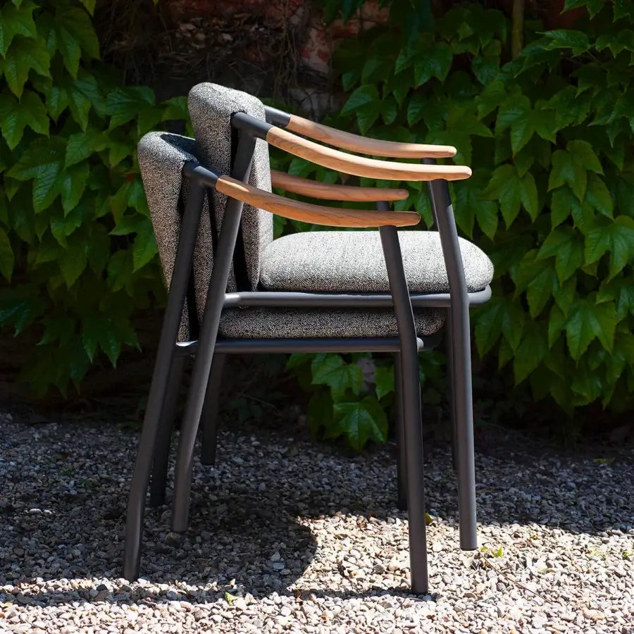 Elegant Potocco Solar armchair with dark gray powder-coated aluminum and warm solid teak armrests crafted in technical outdoor fabrics