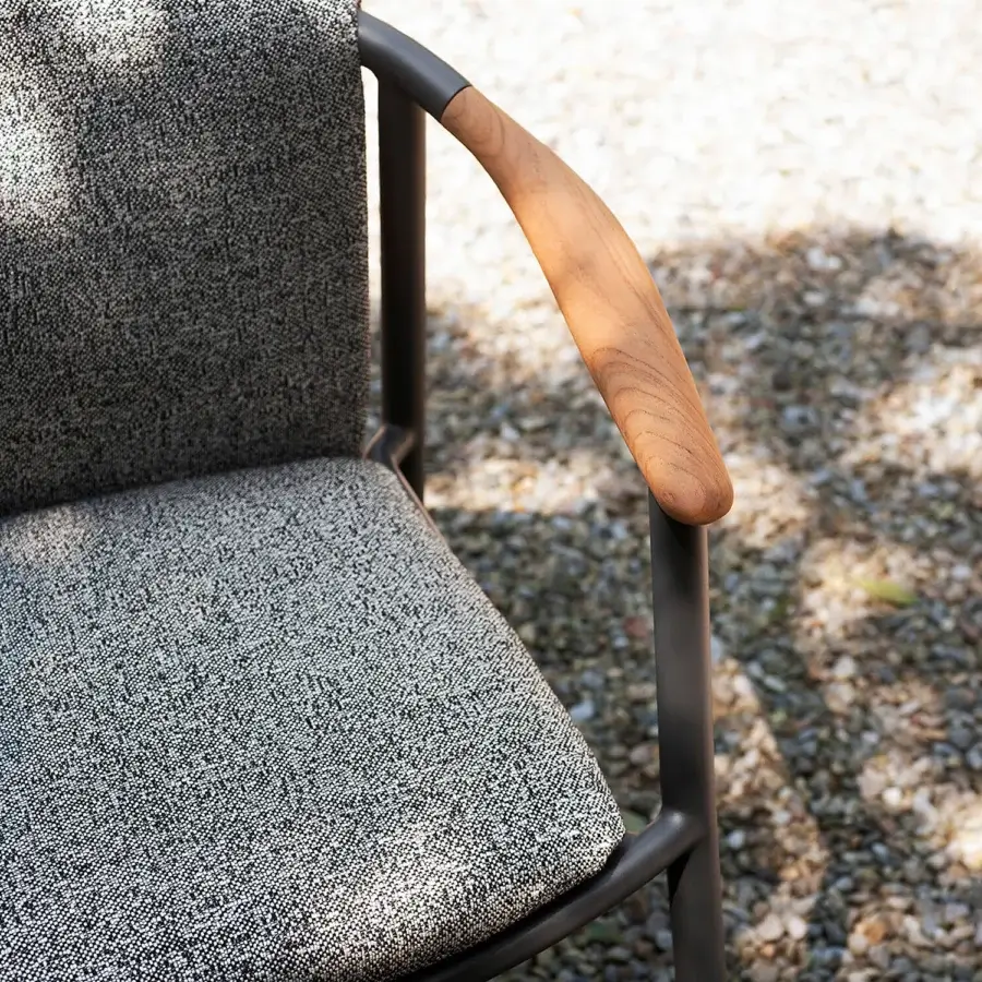 Exceptional Potocco Solar armchair with speckled dark gray technical fabric, warm solid teak armrests and powder-coated aluminum frame