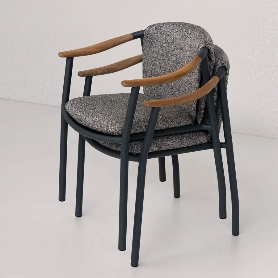 Exceptional Potocco Solar armchair with speckled gray technical fabric, warm solid teak armrests and powder-coated aluminum frame