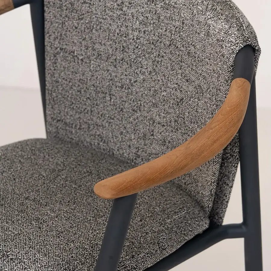 Distinguished Potocco Solar armchair with grayscale speckled textile upholstery and warm solid teak armrests crafted in powder-coated aluminum
