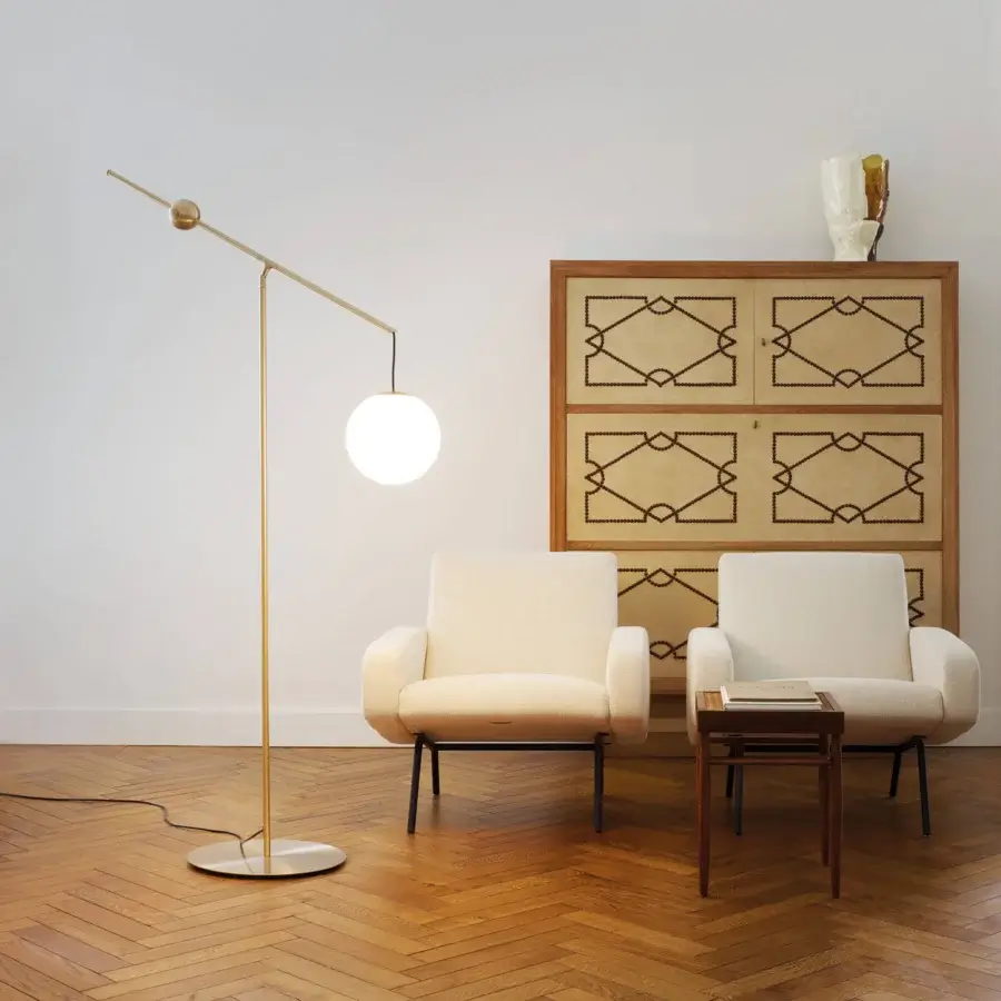 Exclusive Luceplan Malamata floor lamp with blown-glass diffuser and satin gold-toned metal crafted in Italy