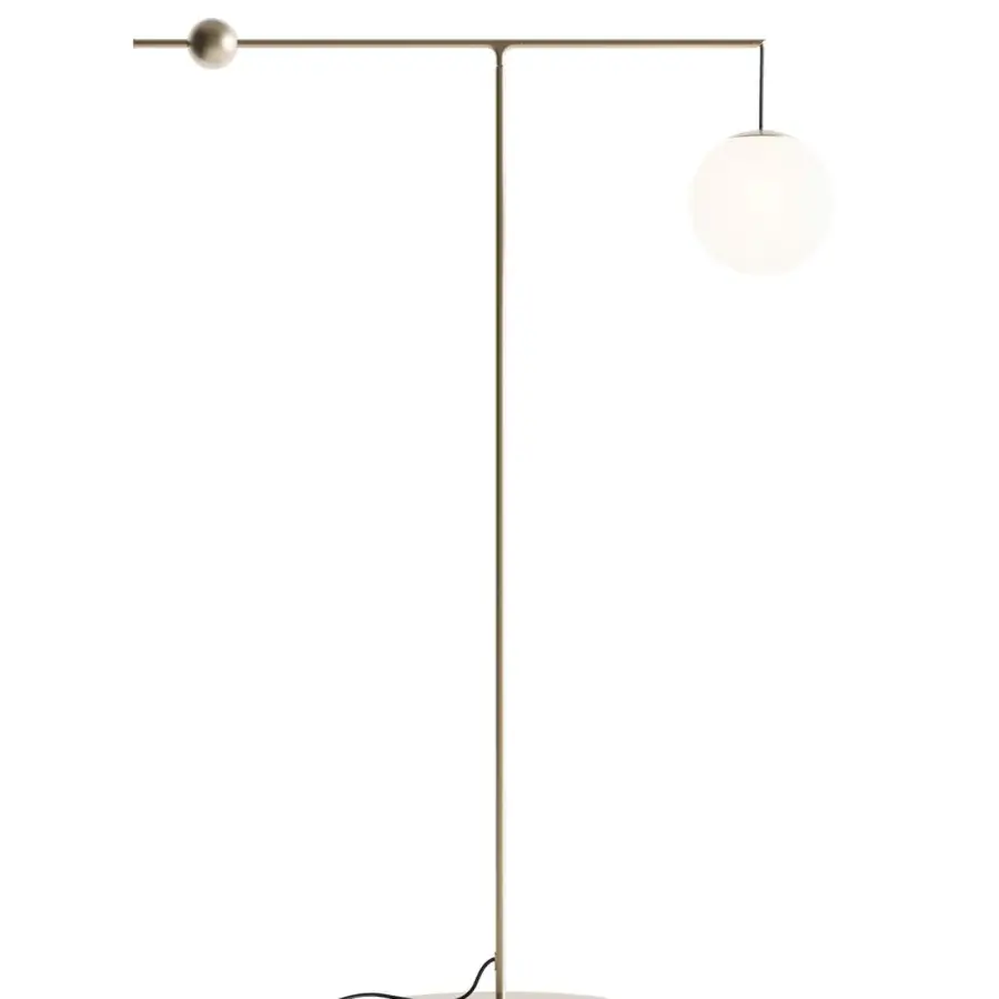 Distinguished Luceplan Malamata floor lamp crafted in satin gold-toned metal with a frosted glass diffuser for adjustable illumination