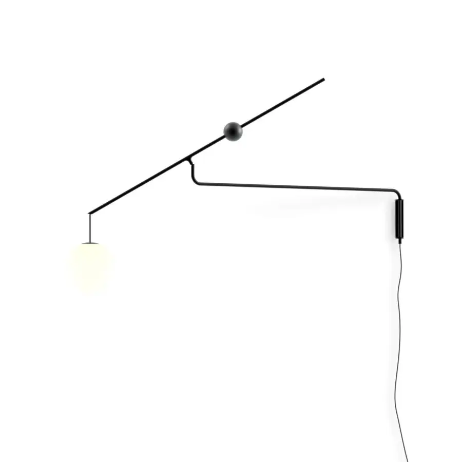 Exceptional Luceplan Malamata wall lamp crafted in matte black metal with articulated arms and a blown-glass diffuser
