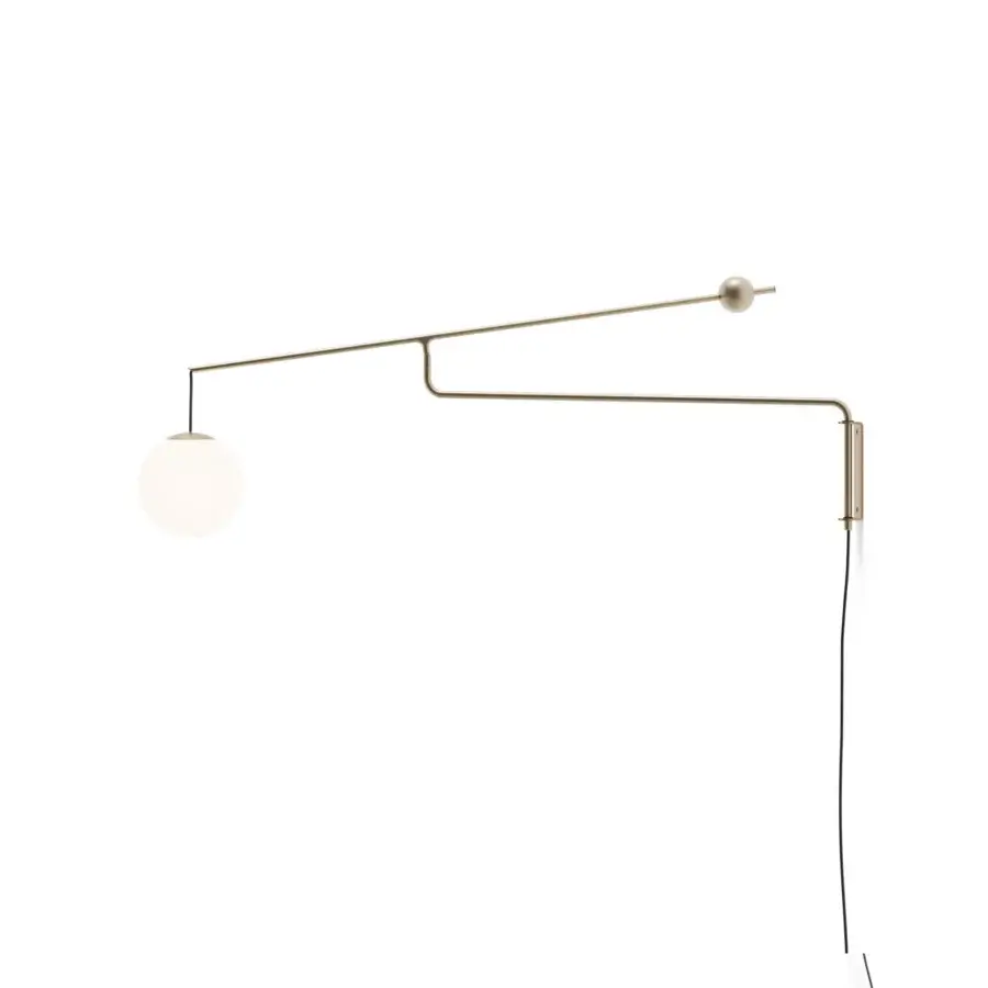 Superior Luceplan Malamata wall lamp with articulated arms and a blown-glass diffuser in satin golden metal