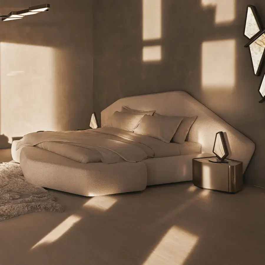 Exceptional Visionnaire Neolito bed with curved asymmetrical headboard and warm beige textured fabric upholstery with matte finish