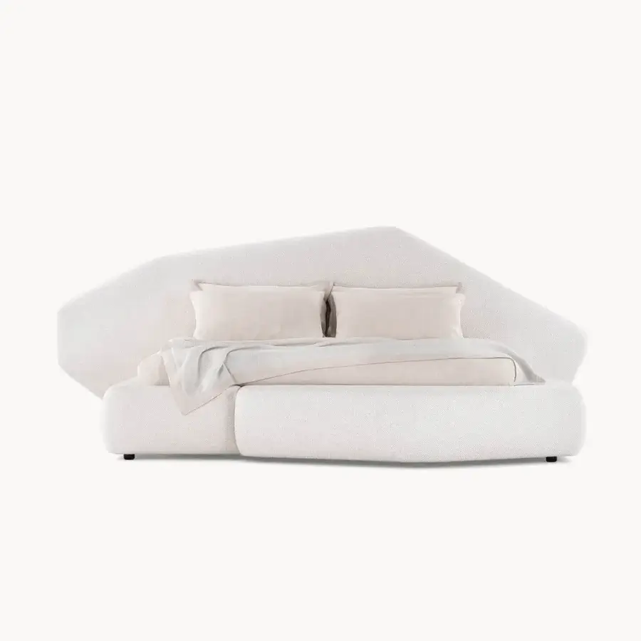 Distinguished Visionnaire Neolito bed with a dramatically curved headboard upholstered in textured off-white fabric and a matte finish
