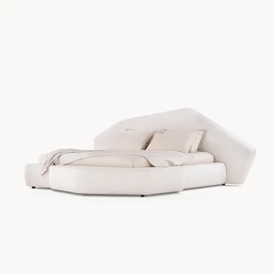 Exceptional Visionnaire Neolito bed with an oversized angular headboard upholstered in creamy off-white designer fabric and multilayer wood structure