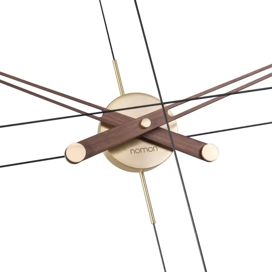 Architectural Nomon Delmori wall clock crafted with double fiberglass, natural walnut hands and a brushed gold-toned face