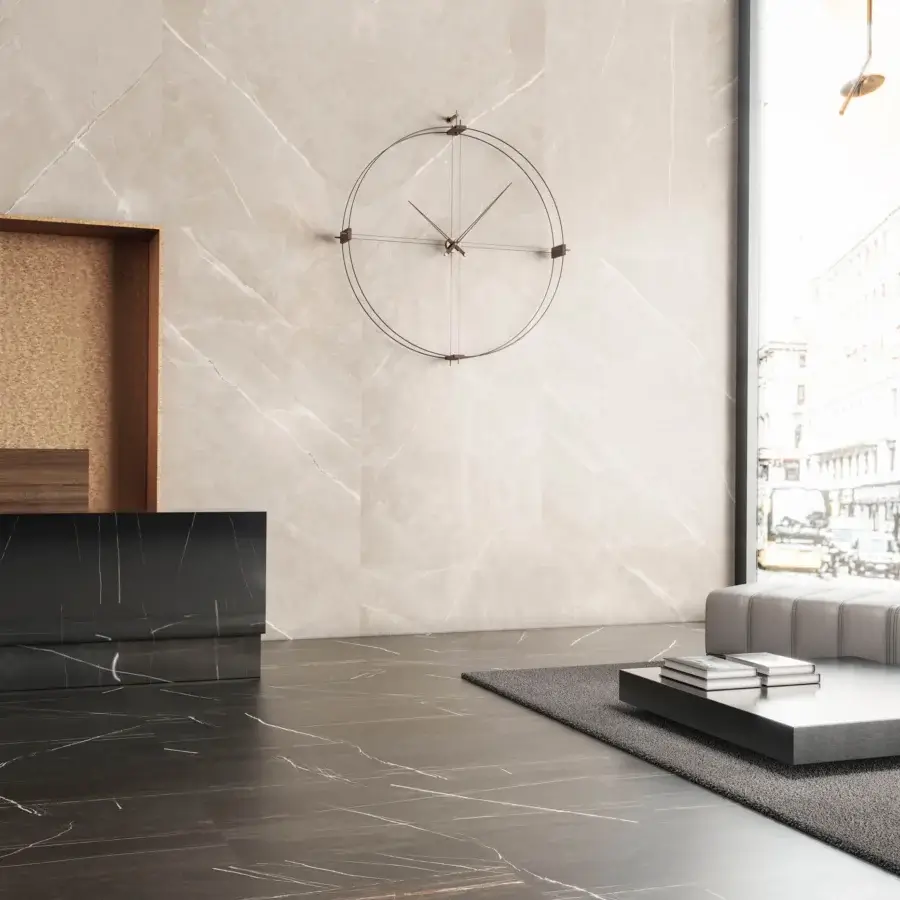 Distinguished Nomon Delmori wall clock built with double fiberglass, refined metallic accents and natural walnut hands in a dark gray matte finish