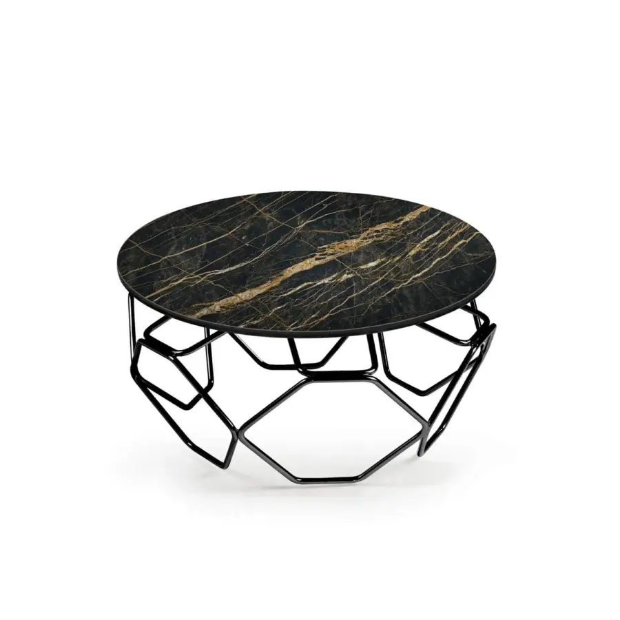 Exceptional Naos Hive coffee table with black ceramic top exhibiting golden veining and matte black painted steel base
