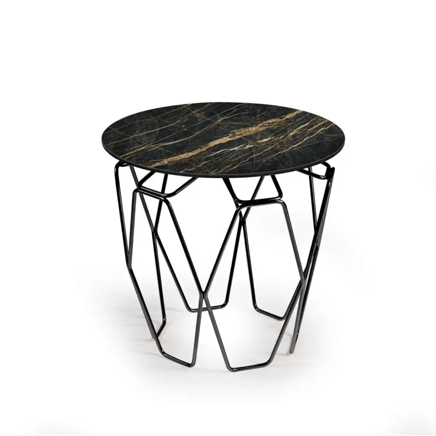 Superior Naos Hive side table with dark polished stone-like top and matte black geometrically-inspired painted steel base