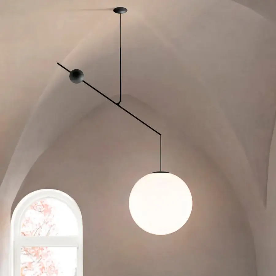 Captivating Luceplan Malamata suspension lamp crafted in steel with a frosted blown-glass diffuser and smooth matte black finish