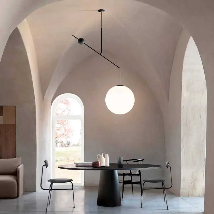 Superior Luceplan Malamata suspension lamp built in opaque white blown-glass with a slender black steel rod