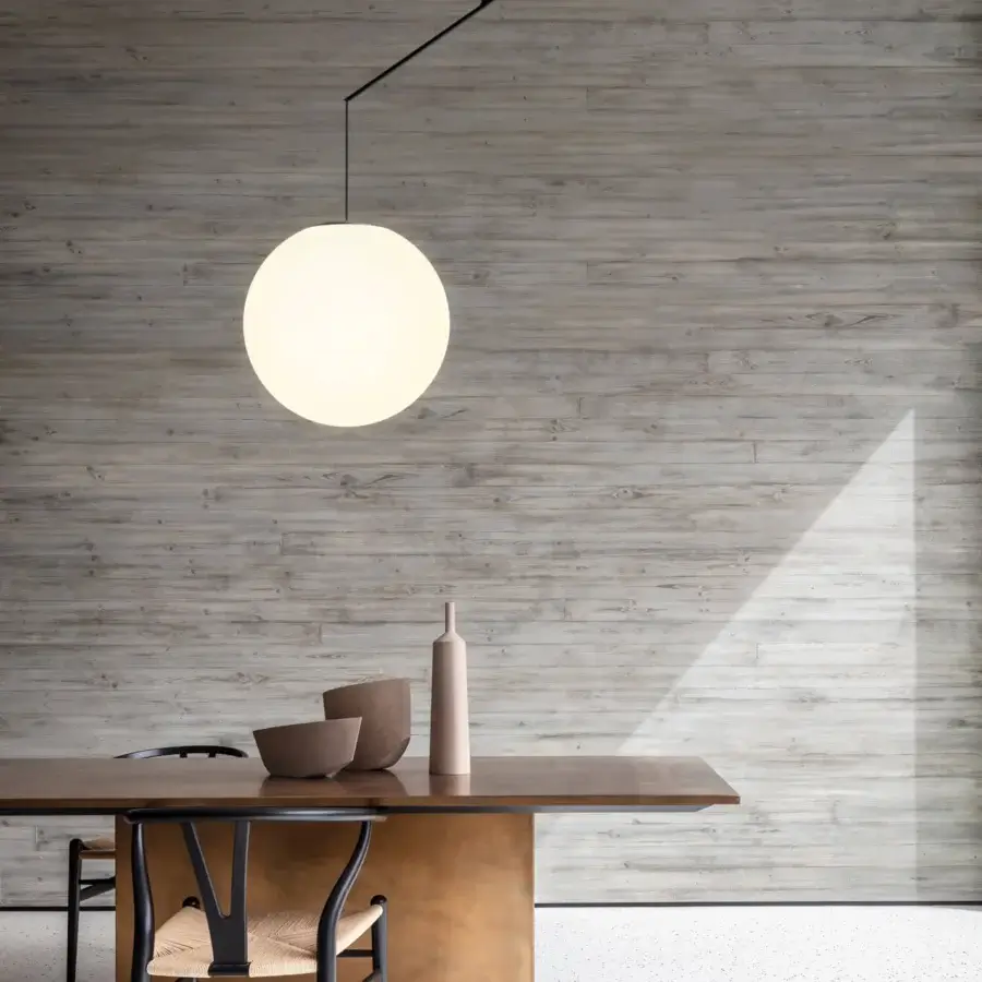 Distinguished Luceplan Malamata suspension lamp with matte white blown-glass and sleek black steel structure