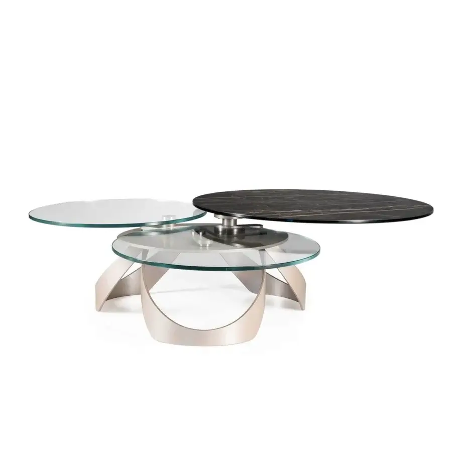 Elegant Naos Avior coffee table with rotating glass and stained wood tops in satin-finish painted steel