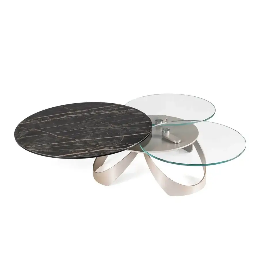 Innovative Naos Avior coffee table with layered ceramic and clear glass tops in a warm-toned painted steel base crafted in Italy