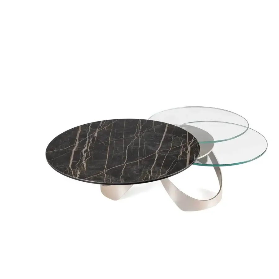 Distinguished Naos Avior coffee table with rotating ceramic tops and satin light-colored steel base crafted in Italy