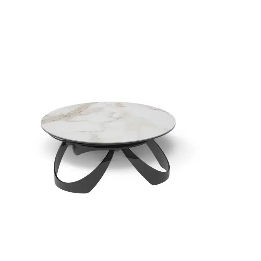 Elegant Naos Avior coffee table with rotating glossy ceramic tops and matte black painted steel base