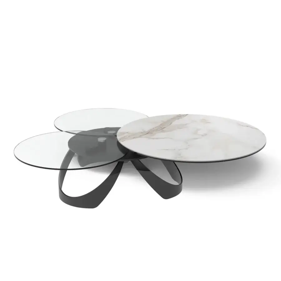 Innovative Naos Avior coffee table with expanding clear glass and white marble-patterned ceramic tops in painted black steel base