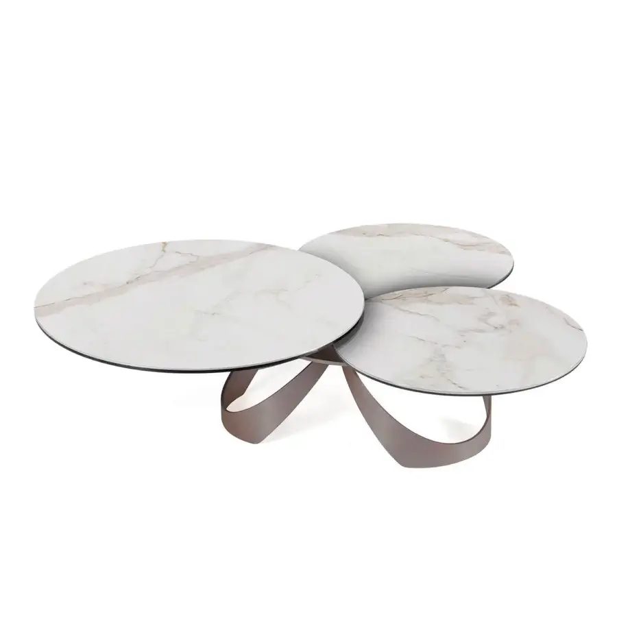 Distinguished Naos Avior coffee table with rotating ceramic tops and warm grey painted steel base crafted in Italy