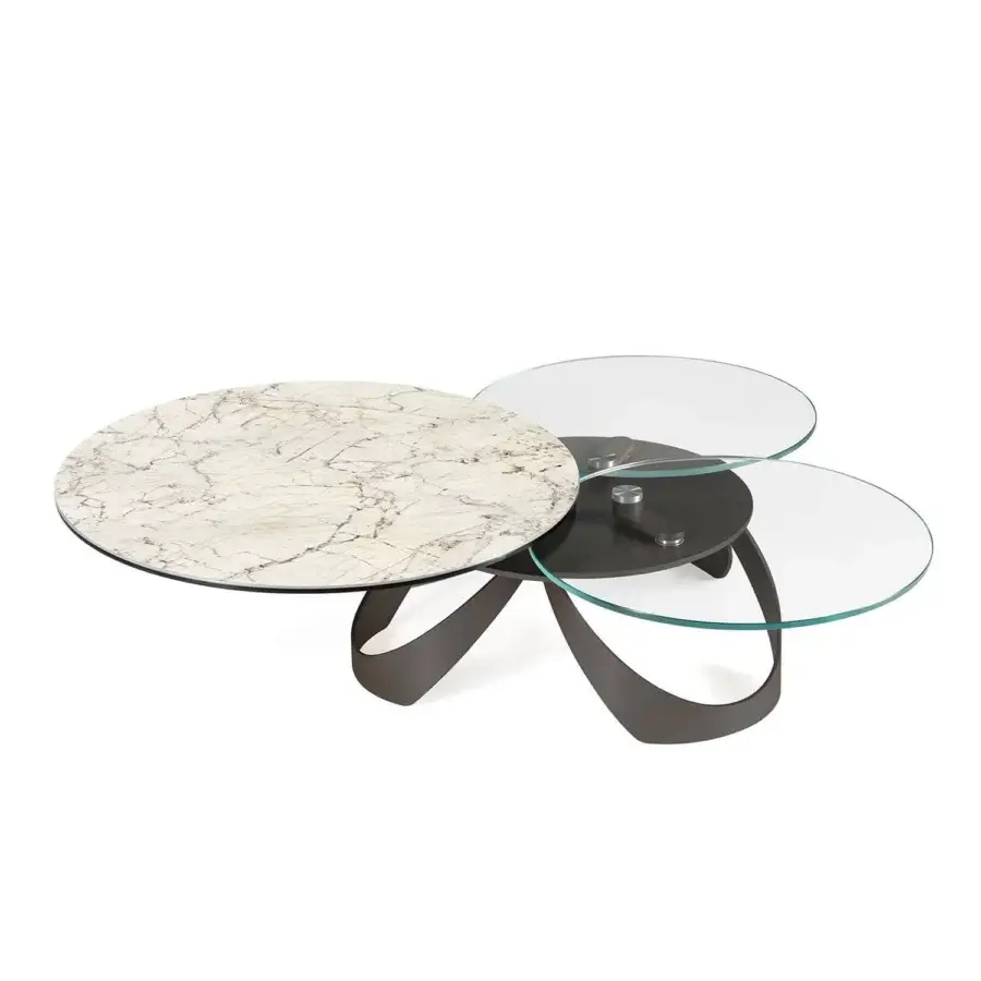 Exceptional Naos Avior coffee table with swirling grey and beige ceramic and clear glass tops in painted steel